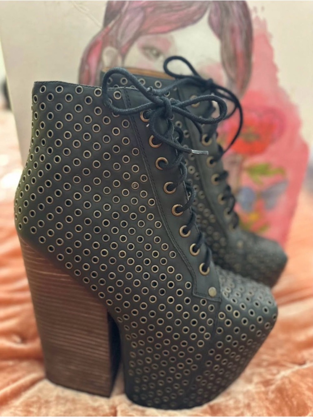 Jeffrey Campbell Size 9 Black Lace-Up Platform Ankle Boots with Eyelet Detail